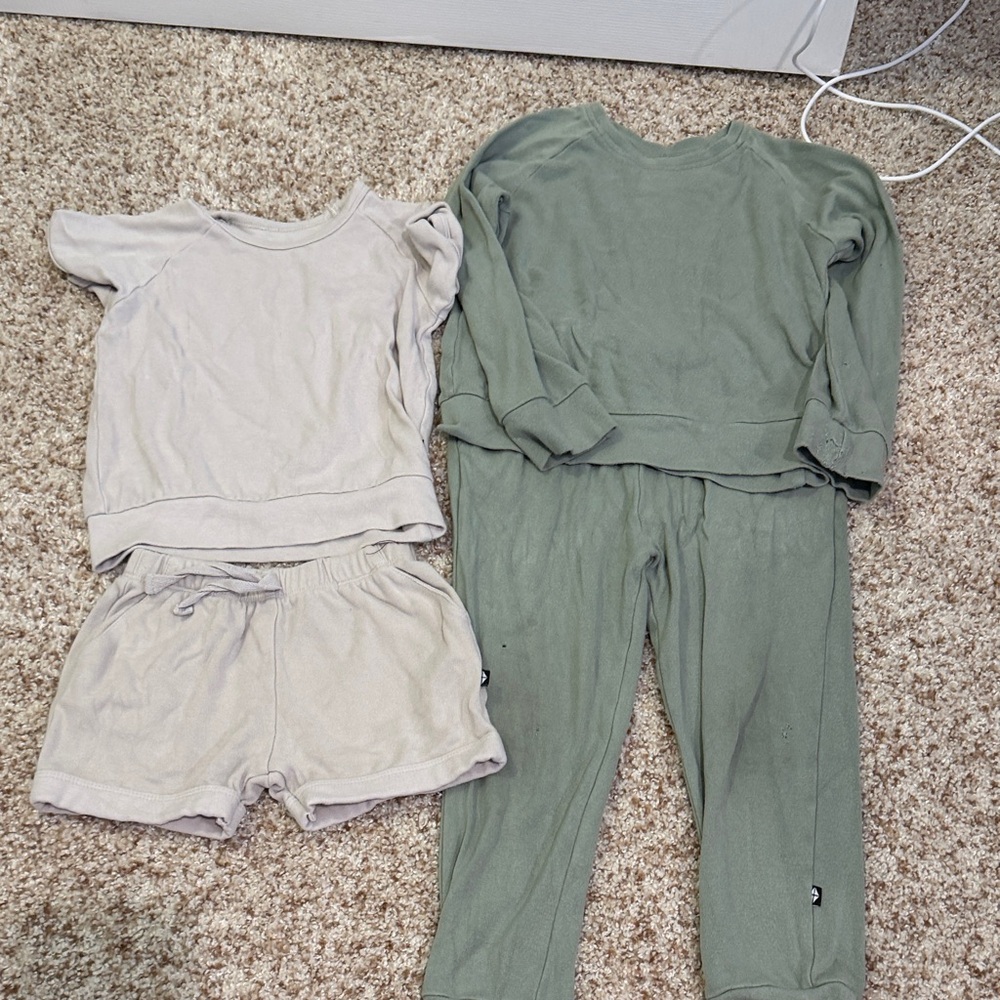 Kyte BABY Neutral Cream Top & Shorts Set + Sage Green Long Sleeve Top & Pants